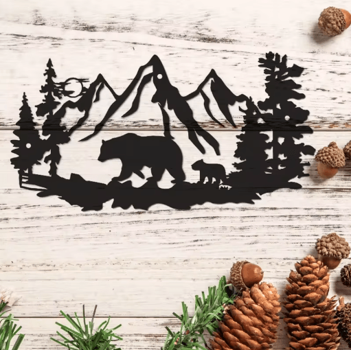 Rustic Bear Metal Wall Decor Wildlife Cabin Lodge Wall Art with Pine Tree Design
