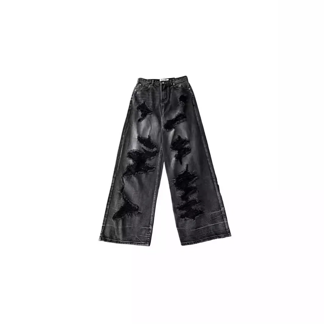 Unique Cool Ripped Jeans, Womens Summer Distressed American Style, Loose Fit Bell Bottoms, Versatile Straight Leg Long