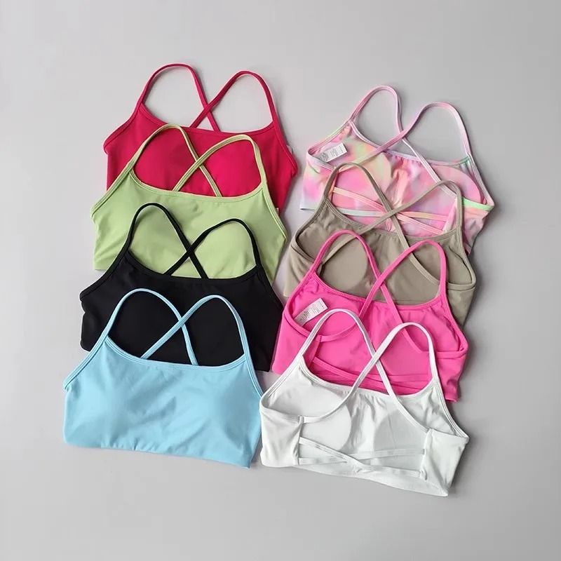 Womens Solid Color Cross Back Sports Bra with Chest Pad for Yoga Gym and Fitness