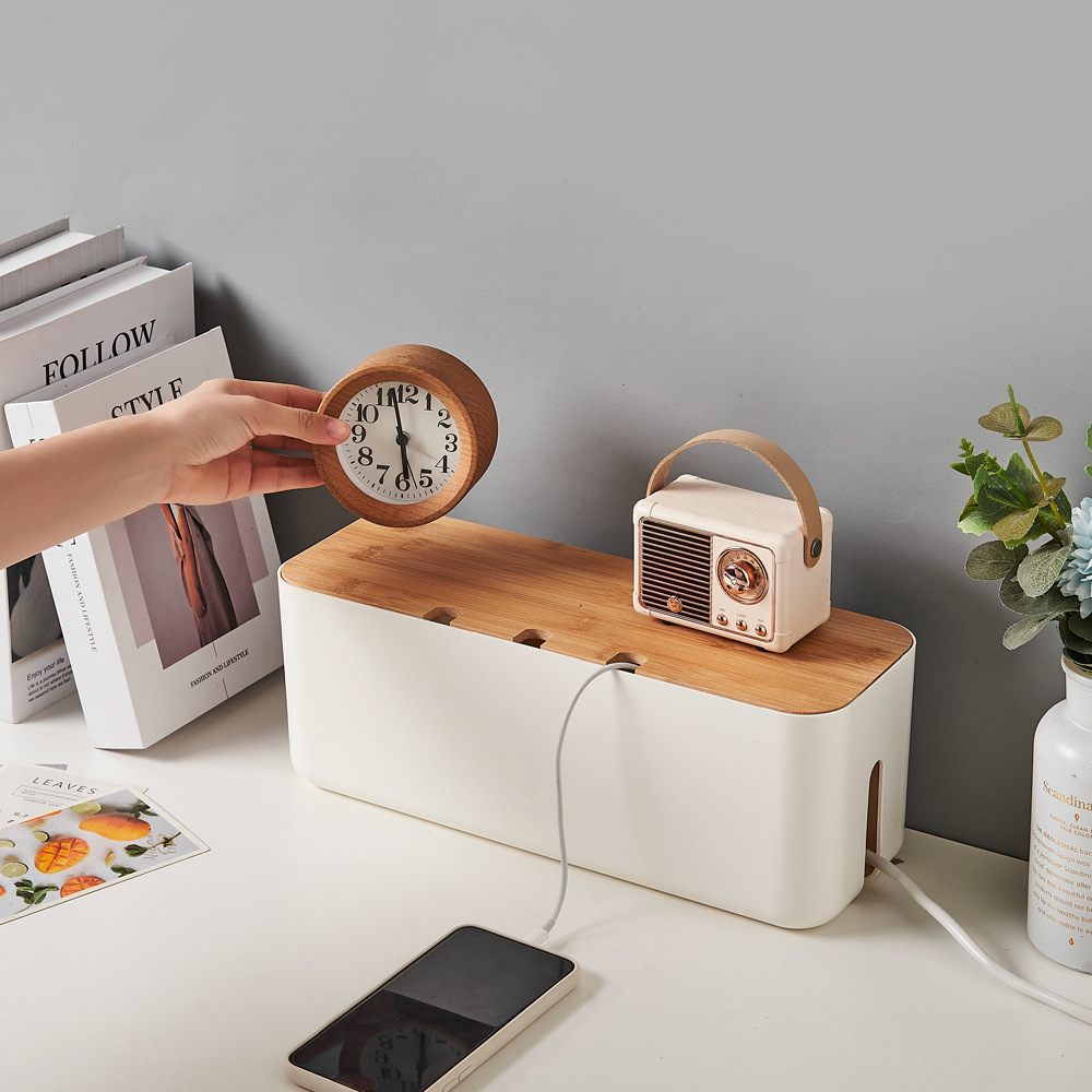 Bamboo Cable Management Box with Storage Desk Organizer for Wires and Power Strips