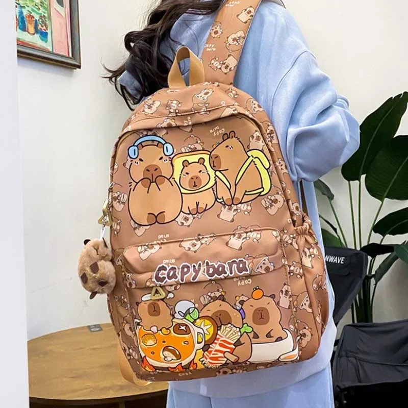 Large Capacity Kawaii Capybara Backpack Trendy Cartoon School Bag for Girls Nylon Stylish & Practical