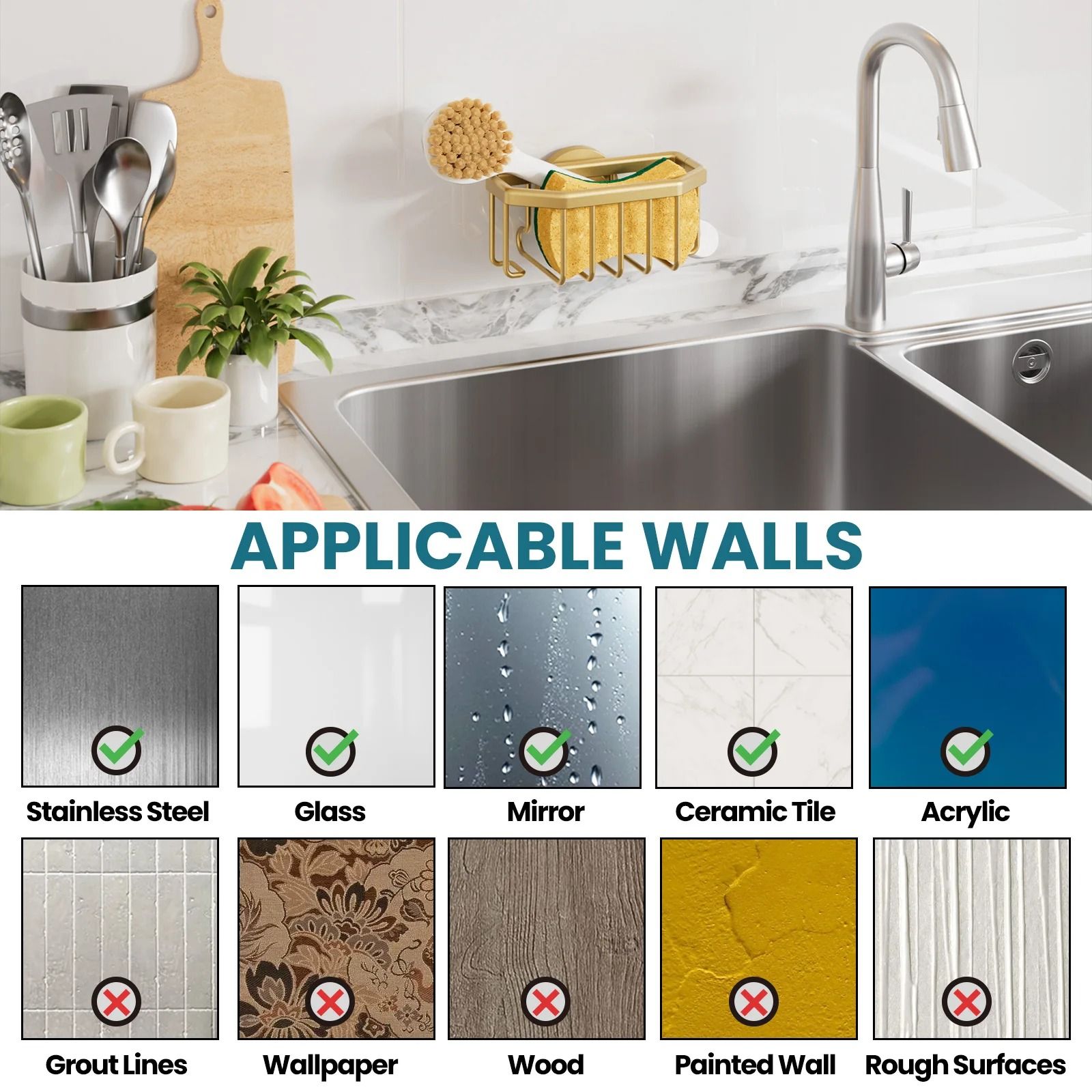 Gold Kitchen Sink Caddy – Rustproof Aluminum Sponge & Brush Holder with Strong Suction