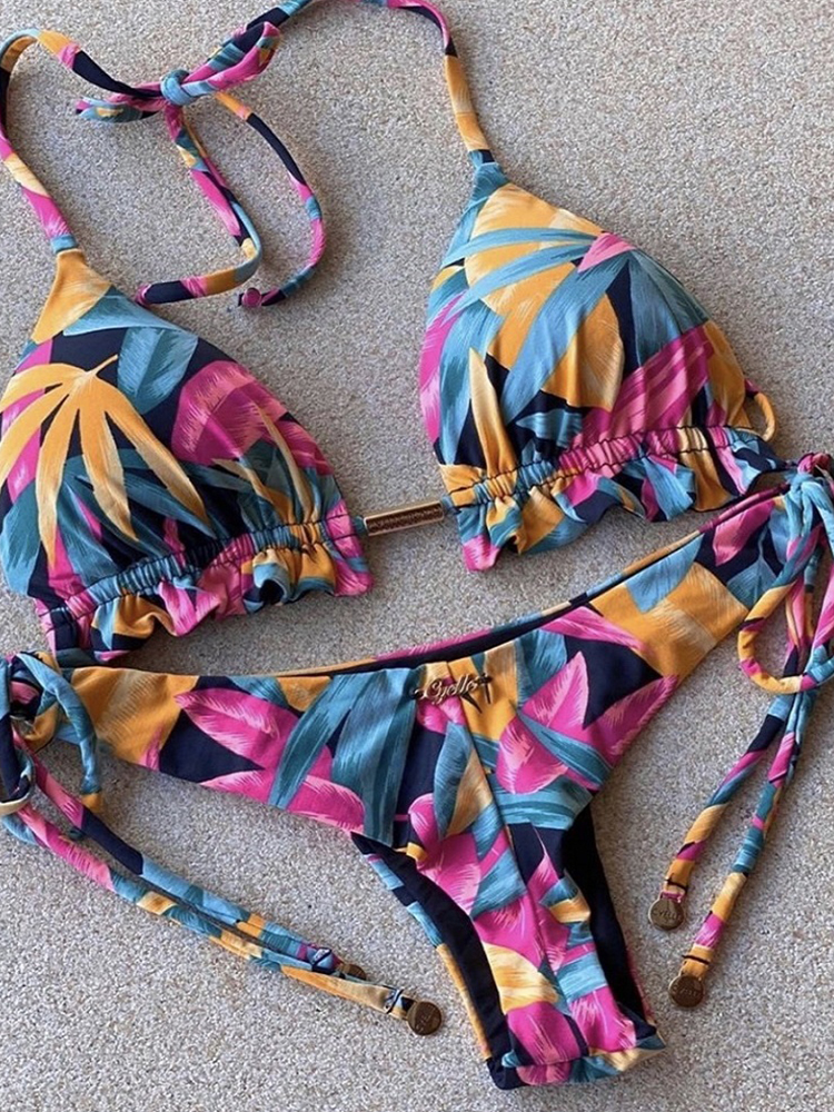 Brazilian Biquinis New Swimsuit Women Feather Print Bandage Swimwear