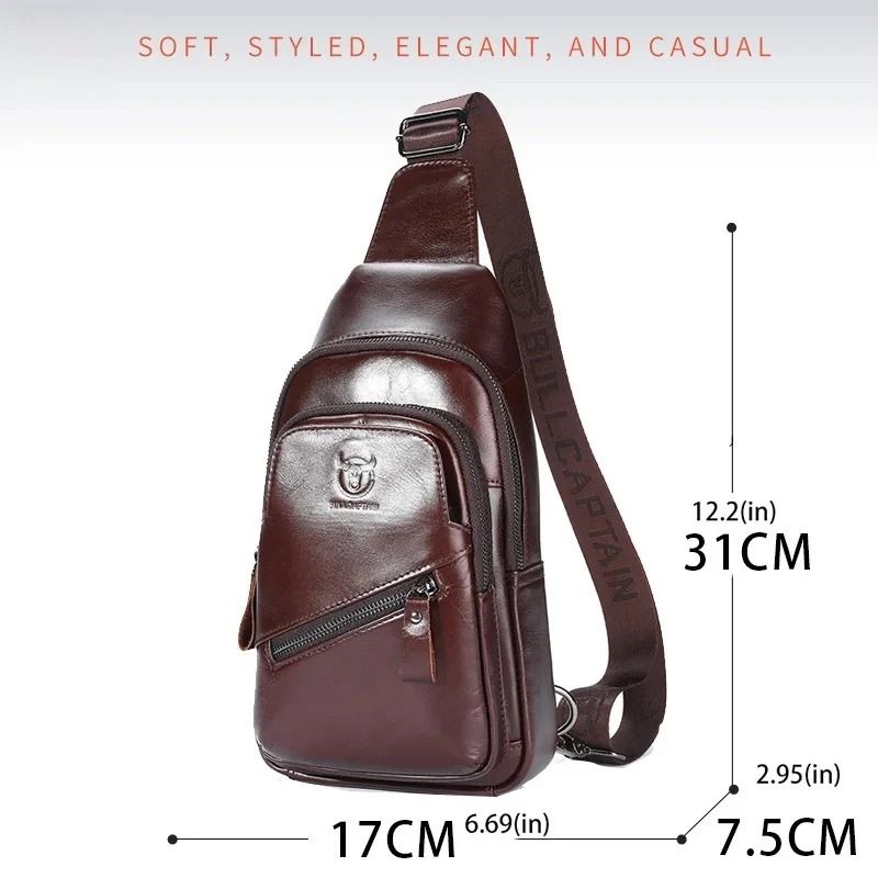 BULLCAPTAIN Mens Leather Chest Bag Large Capacity Casual Crossbody Sling