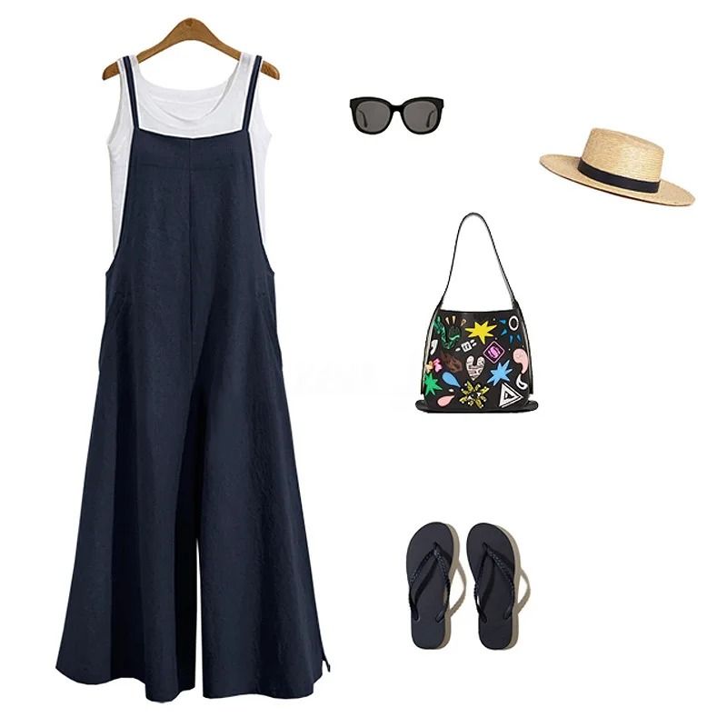 Womens Cotton Linen Wide Leg Jumpsuit – Casual Sleeveless Summer Overalls with Adjustable Straps