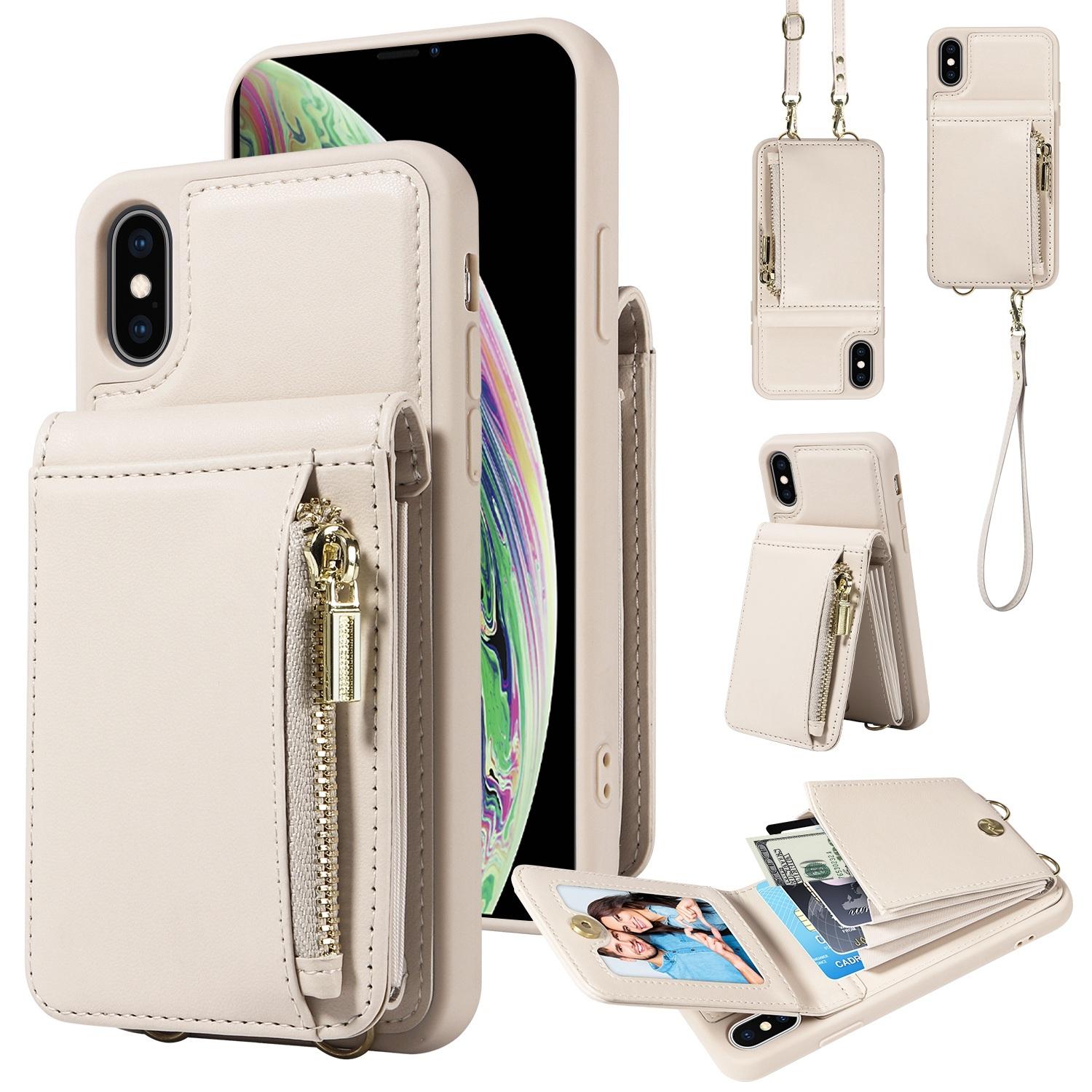 Leather Crossbody iPhone Wallet Case with Zipper Pocket & Lanyard Strap
