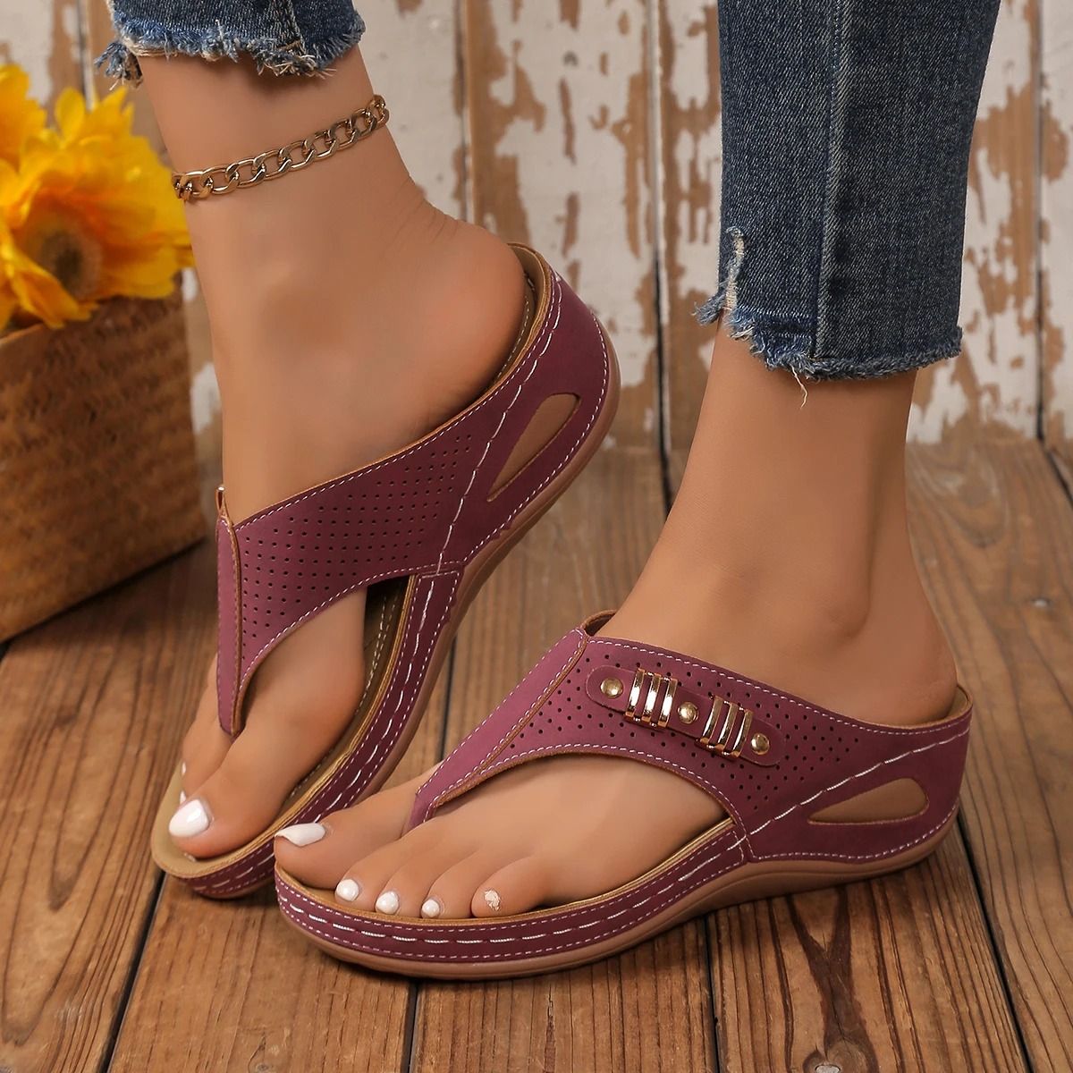 Women Leather Non Slip Soft Platform Sandal Orthopedic Flip Flops Summer Slides