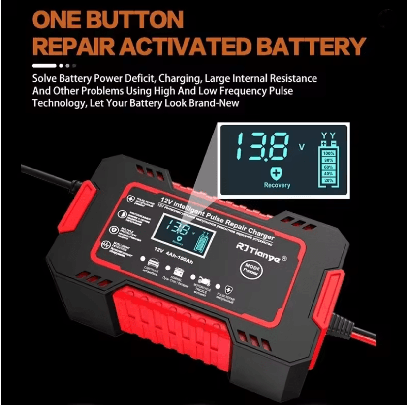 12V 6A Smart Car Battery Charger with LCD Display and Pulse Repair for Lead Acid Batteries
