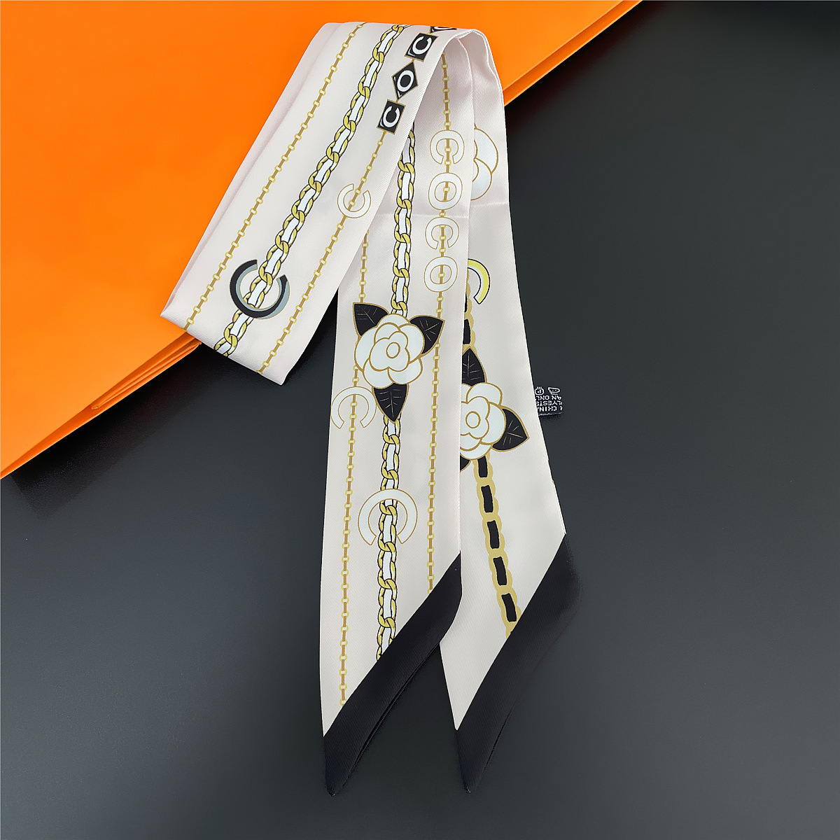 Women's Double-sided Twill Thin Ribbon Headband, French Elegant Black and White Tied Handle Bag, Long Small Silk Scarf