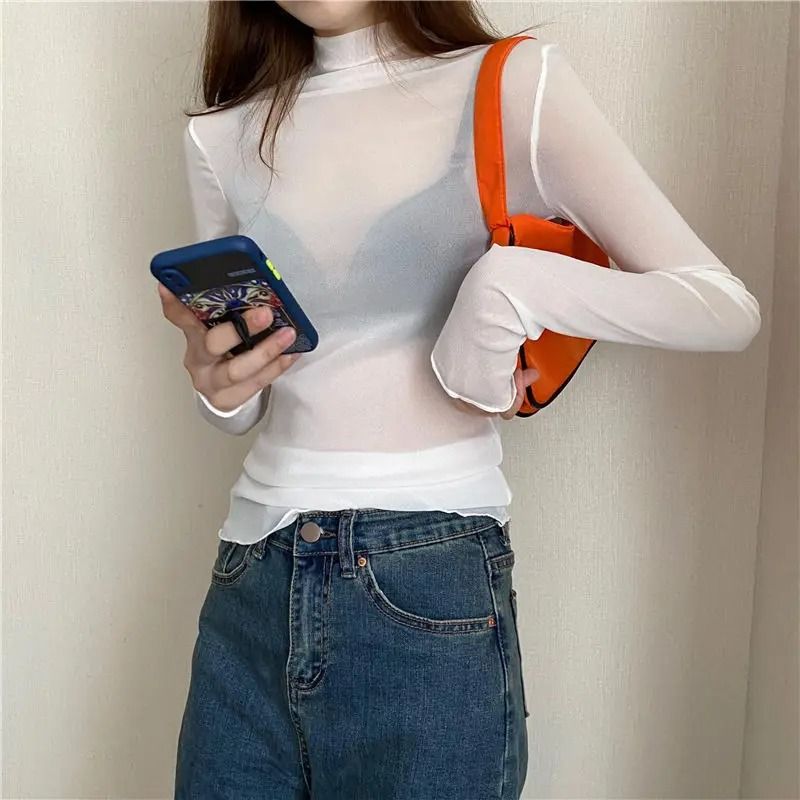 Sheer Transparent Mesh Long-Sleeve Crop Turtleneck Top