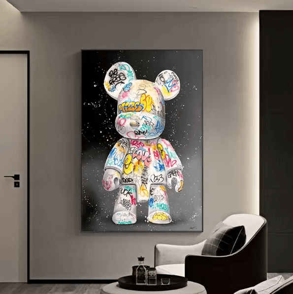 Cute Graffiti Bear Canvas Wall Art – Kawaii Cartoon Pop Art Poster for Stylish Room Decor
