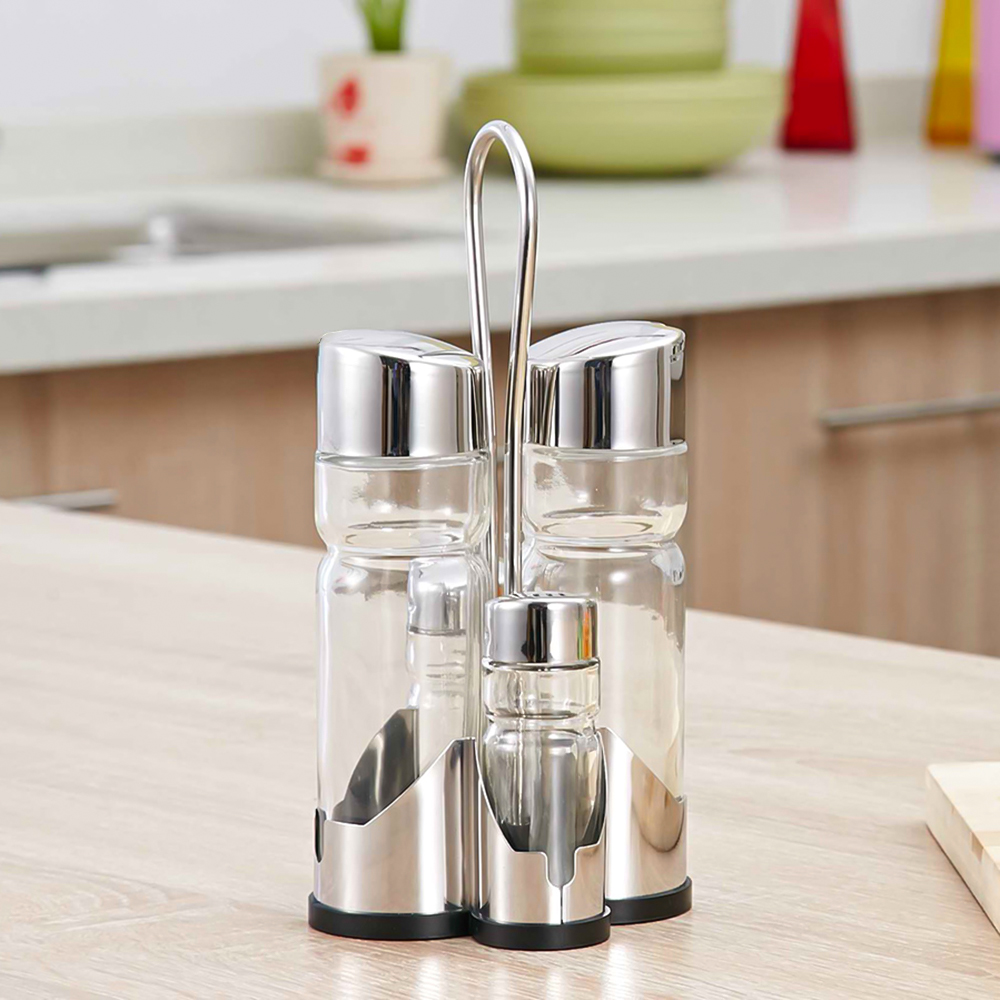 Seasoning Bottle Set, Condiment Holder Rack, Oil Vinegar Dispensers with Salt Pepper Shakers and Glass Cruet Set