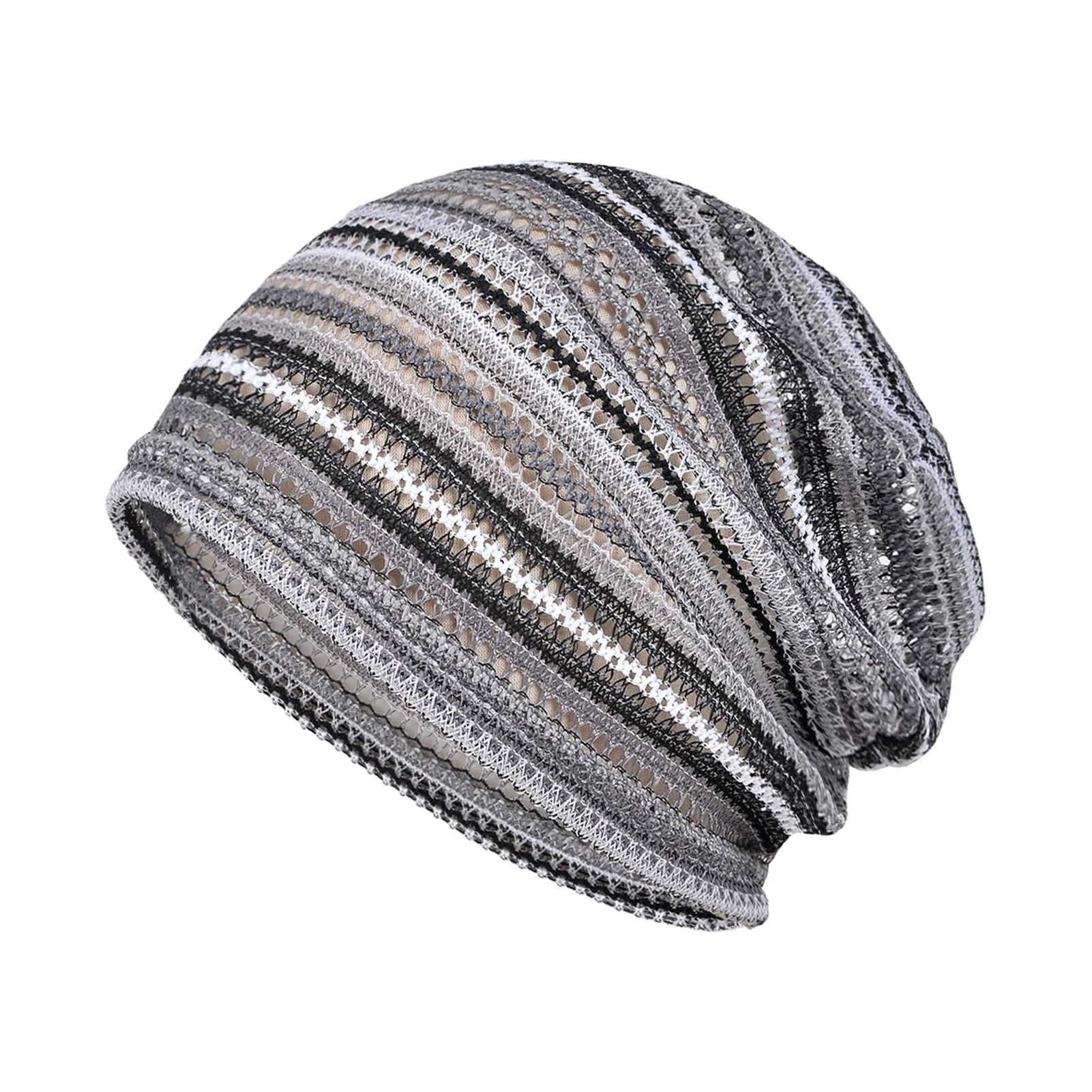 Soft Breathable Summer Beanie Hat, Striped Openwork Knit Cap for Men & Women, Lightweight Travel Outdoor Sun-Friendly