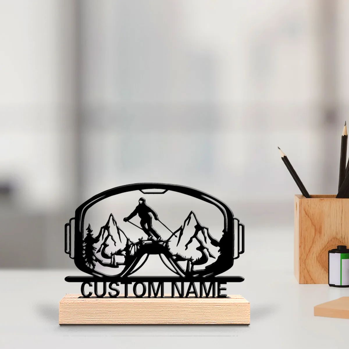 Custom Ski Statue with Wooden Base – Personalized Skiing Figurine Gift for Sports Decor