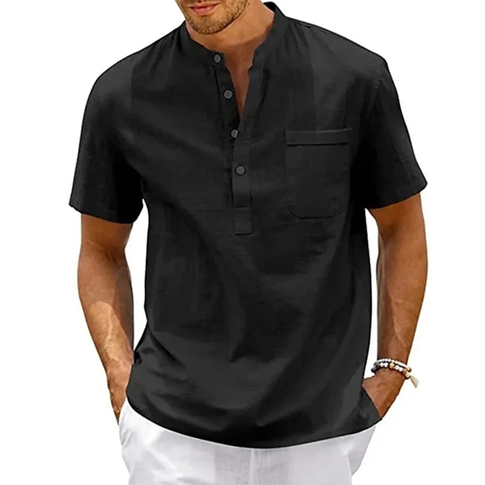 Mens Cotton Linen Henley Shirt Casual Short Sleeve