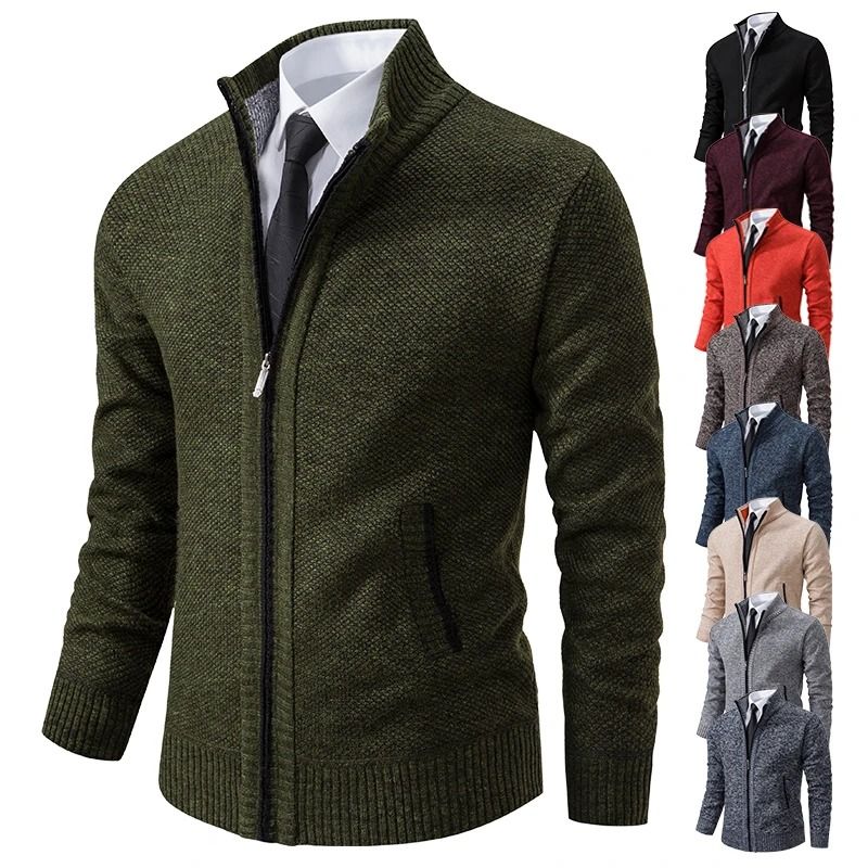 Men Casual Fleece Zipper Stand Collar Cardigan Warm Winter Sweater