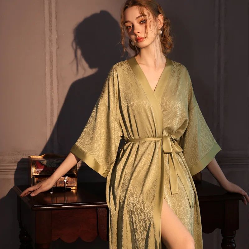 Silk Jacquard Kimono Robe – Luxury Satin Ice Silk Long Womens Bathrobe