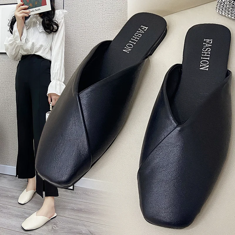 Elegant Summer Women Mules, Square Closed Toe Flat Leather Slippers, Casual Black White Slides for Ladies