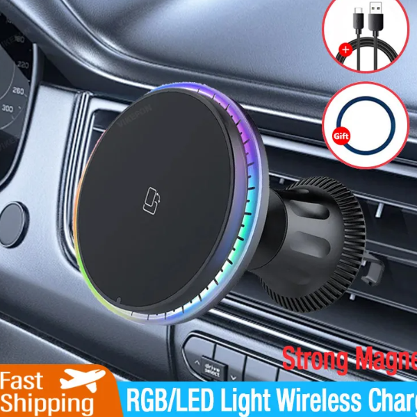Magnetic Wireless Car Charger Stand with RGB LED Light Fast Charging Station