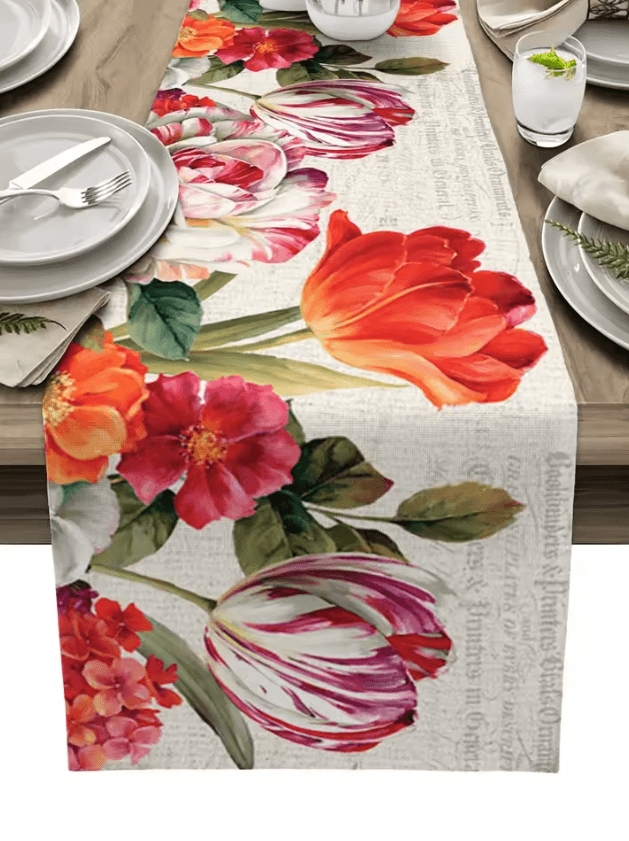 Vintage Tulip Floral Linen Table Runner – Farmhouse Oil Painting Style Dining Decor