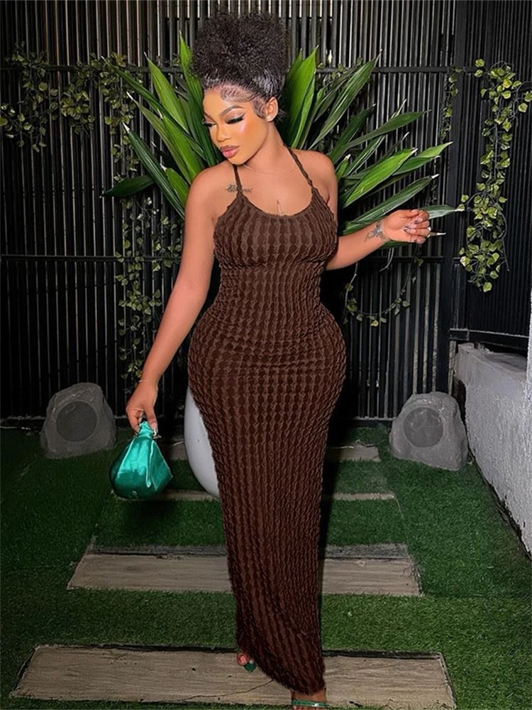Kliou Solid Ruched Spaghetti Strap Bandage Maxi Dress