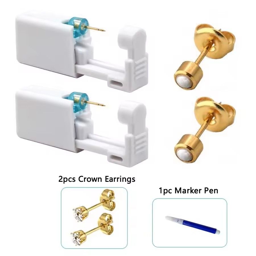 2PCS Disposable Ear Piercing Kit – Built-in Stud Guns + Bonus Cubic Zirconia Earrings | Safe & Easy Home Use Tool