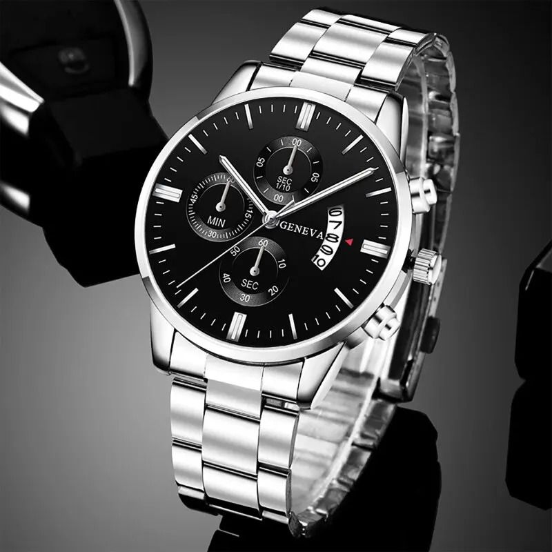 Mens Luxury Watch Stainless Steel Wrist Watch Quartz Business Calendar Silver