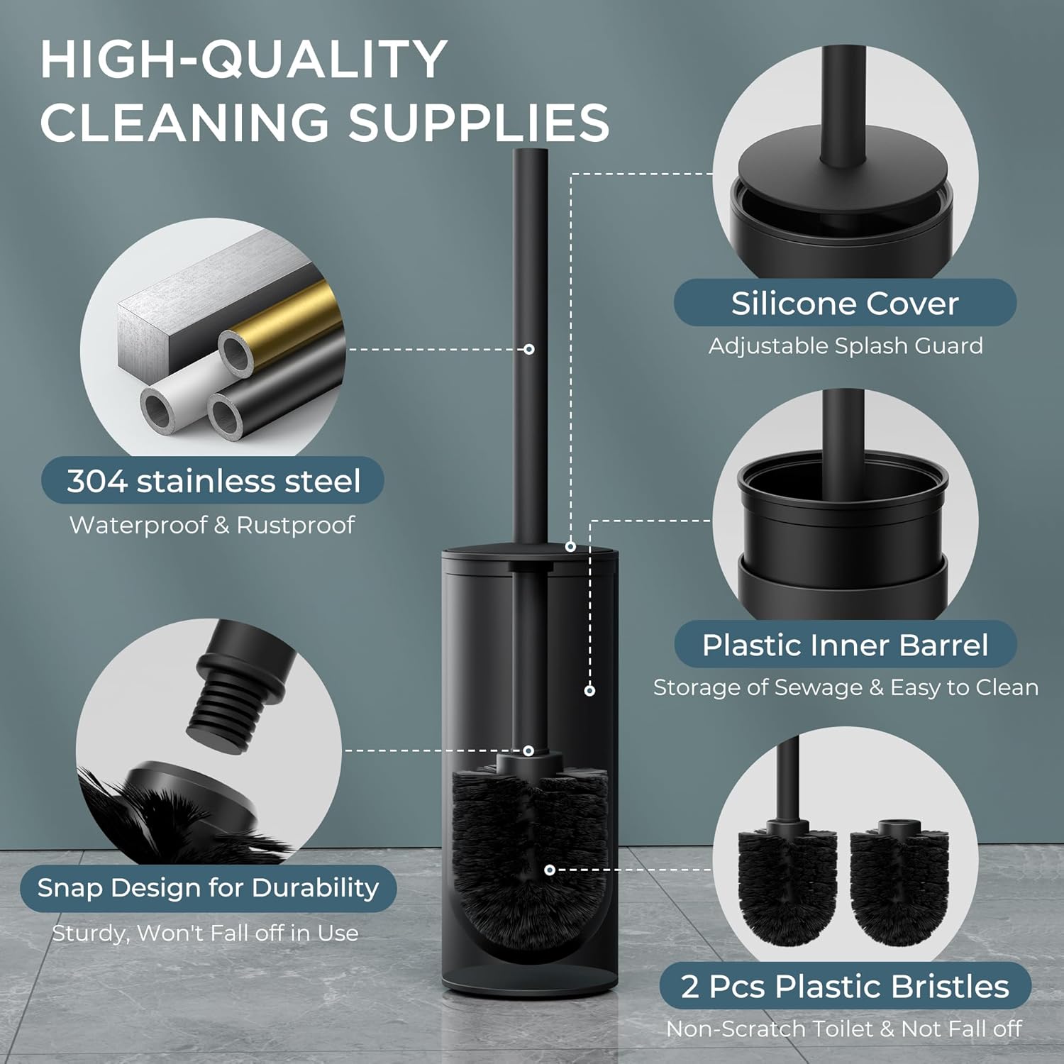 Vertical Matt Black Toilet Brush Holder, Stainless Steel Cleaning Tool, Floor-Standing Toilet Brush Set for Bathroom