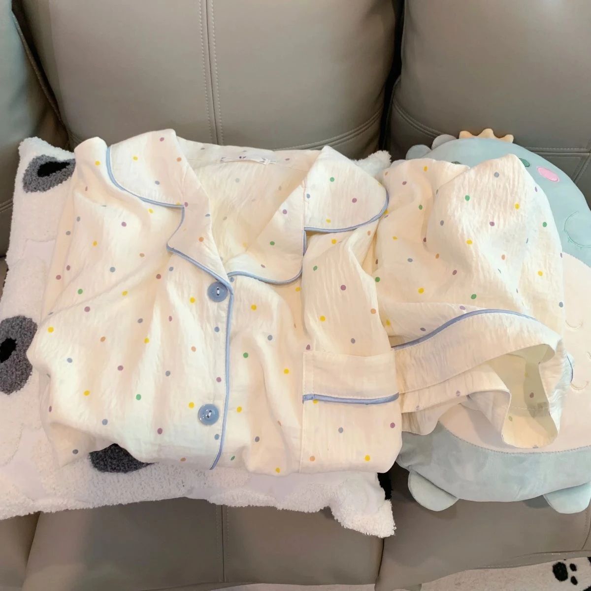 Women Polka Dot Cotton Pajama Set with Top and Shorts