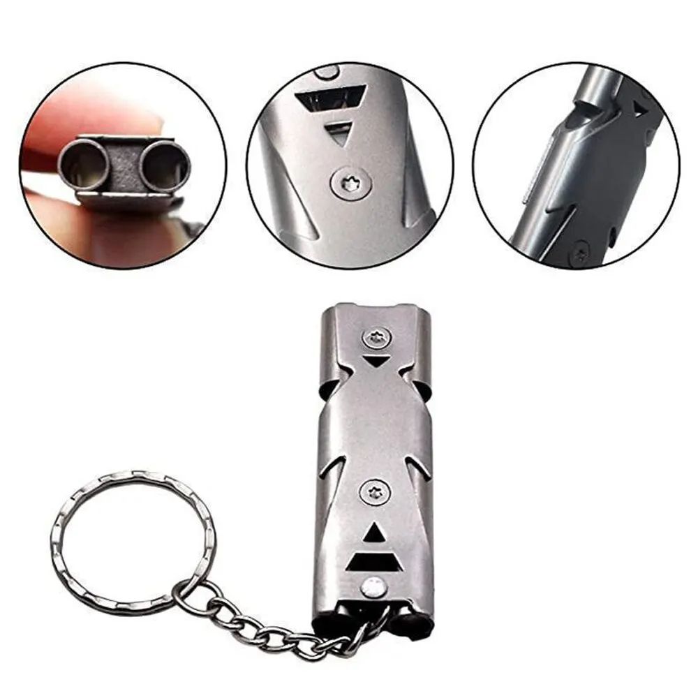 Double Pipe Whistle Pendant Keychain High Decibel Outdoor Survival Emergency Camping Tool Stainless Steel Safety Whistle
