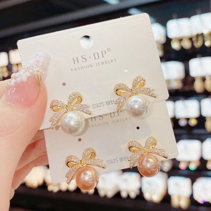 Rhinestone Bow Pearl Stud Earrings Elegant Womens Jewelry