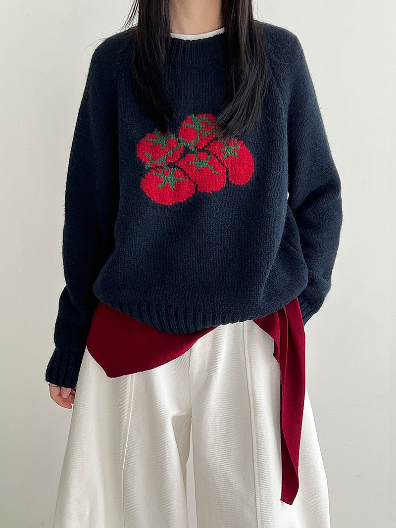 Autumn New Soft Pullover, Tomato Pattern Knitted Sweater, Loose Round Neck