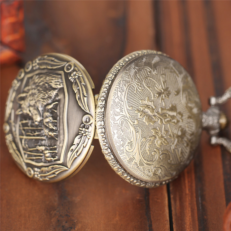 Vintage Wolf Head Pocket Watch Necklace Quartz Antique Pendant Timepiece Gift for Men