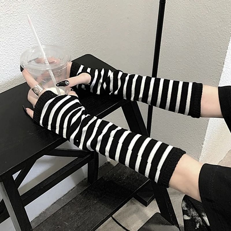 Winter Knit Fingerless Elbow Gloves Unisex – Hip-Hop Stripe Arm Warmers