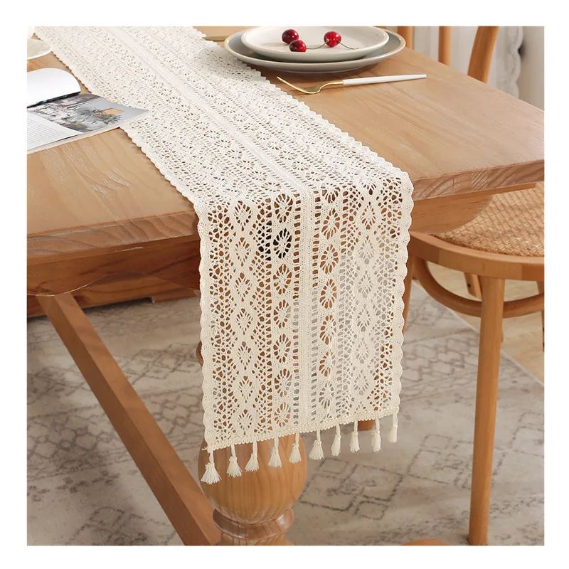 Vintage Lace Table Runner Beige Crochet Tassel Decor