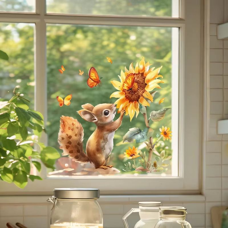 Rustic Watercolor Squirrel Sunflower Wall Decal Removable Window Sticker