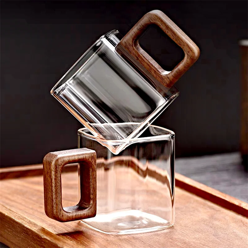 Fresh Ground Coffee Glass Mug with Walnut Wooden Handle, Small Capacity Home Breakfast Milk Tea Cups and Mugs Drinkware