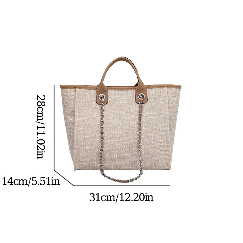 Fashionable Canvas Tote Bag with Chain and Zipper Large Capacity Womens Shoulder Bag for Commuter Shopping