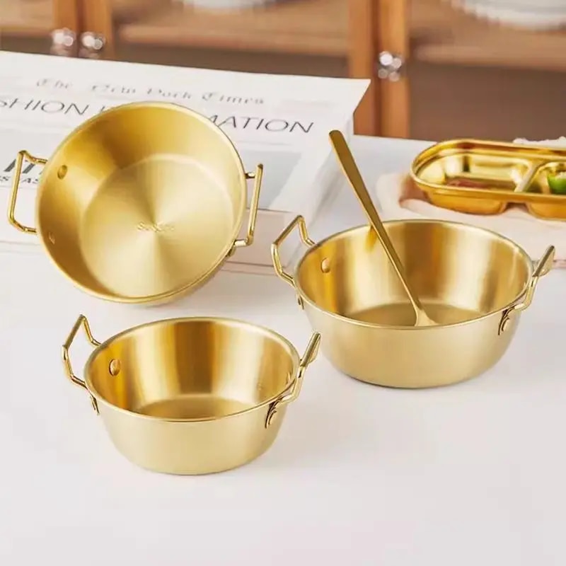 Golden Stainless Steel Instant Noodle Bowl with Handle - Elegant Korean Rice Wine Bowl for Salads & Snacks