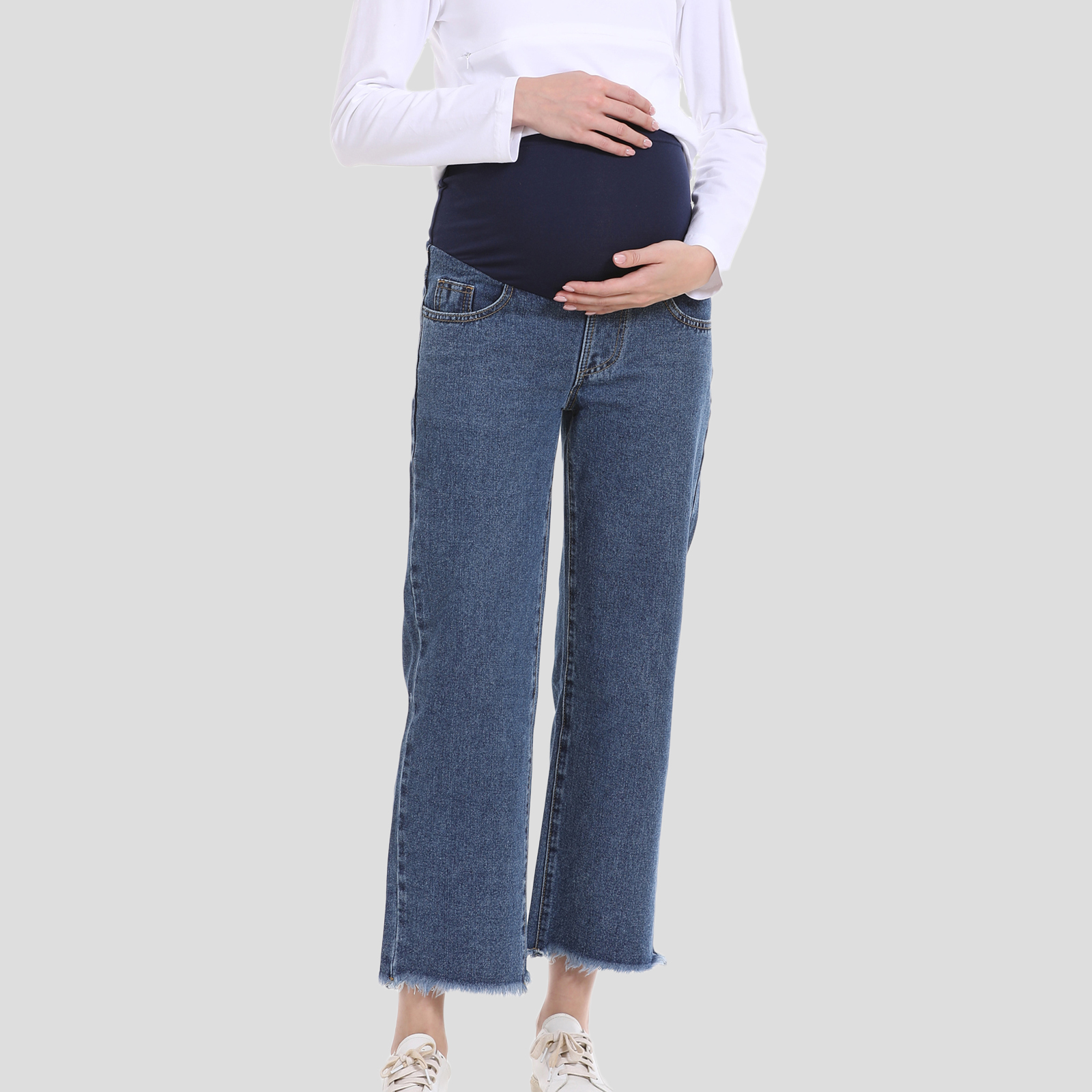 Maternity Pants for Pregnant Women with Adjustable Waist Band, Pregnancy Jean Trousers, Loose Straight Leg Wide Leg