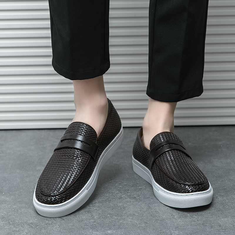 Men's Slip On Loafers, Soft Leather Shoes, Weave Pattern Sneakers, Casual Flats