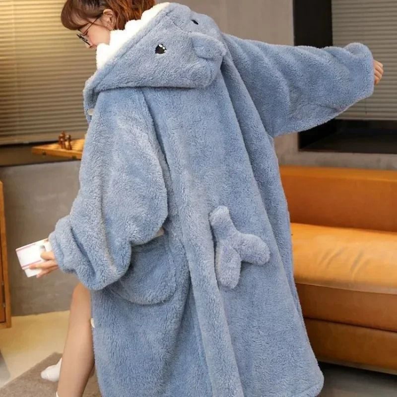 Winter Warm Fleece Shark Robe Womens One Piece Nightgown Long Sleeve Button Up Design