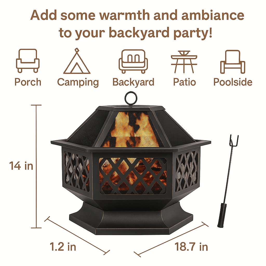 24 in Hexagon Outdoor Fire Pit Bronze Finish Steel Fireplace for Patio & Backyard