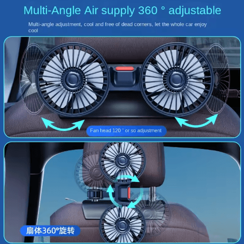 Dual Head USB Car Seat Cooling Fan with 3-Speed & 360° Rotation