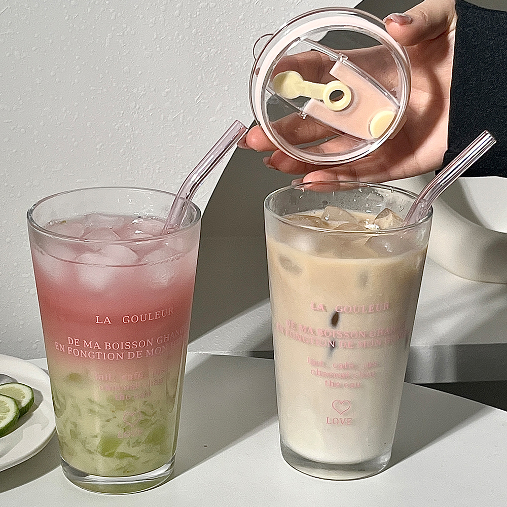 Cute Glass Tumbler with Straw and Lid, Transparent Bubble Tea Cup, Iced Coffee Juice Tea Glass, Letter Design Gift
