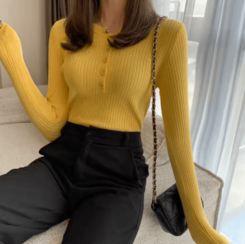 Womens Knitted Button O-Neck Sweater – Slim Fit Striped Pullover