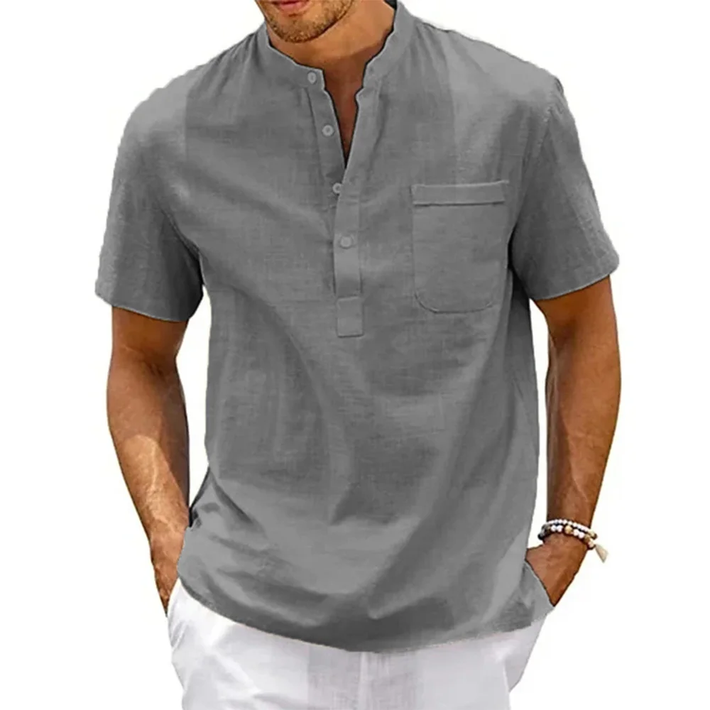 Mens Cotton Linen Shirt Henley Neck Pocket Casual Short Sleeve Solid Color Summer Tops T-Shirts Vintage Beachwear