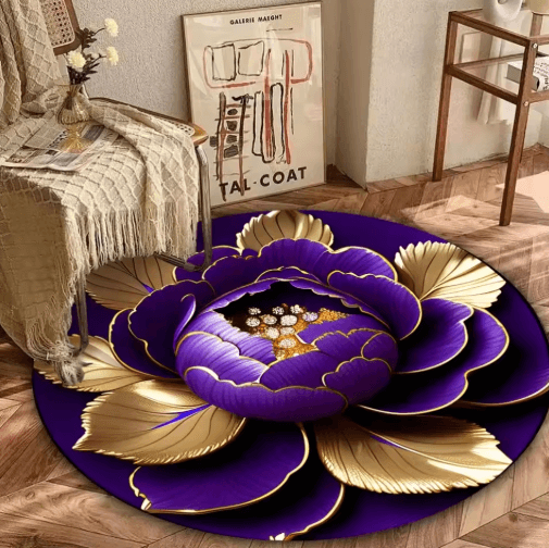 Purple Gold Peony Round Rug – Washable Floral Area Carpet for Living Room & Bedroom Decor