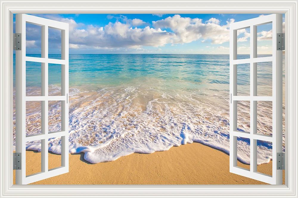 3D Beach Window View Wall Sticker – Ocean Sky Landscape Peel & Stick PVC Wallpaper