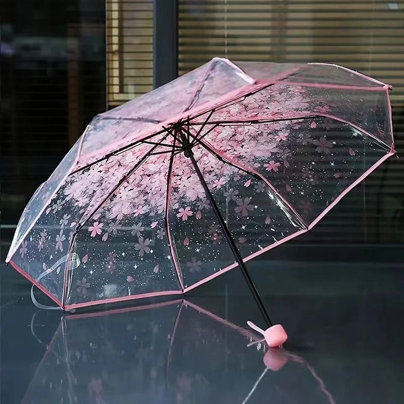 Cherry Blossom Transparent Trifold Umbrella Cute Korean Style Rain Umbrella